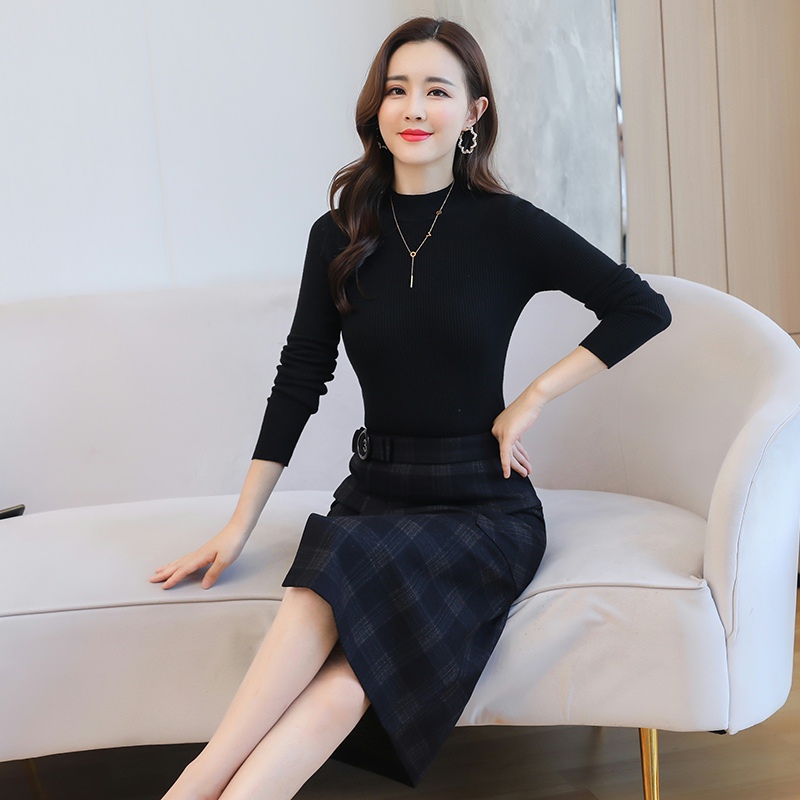 Autumn Winter Woolen Half Skirt Suit Women 2022 New Sweater and Plaid Hip Wrap Two Piece Skirt Plus Size alx