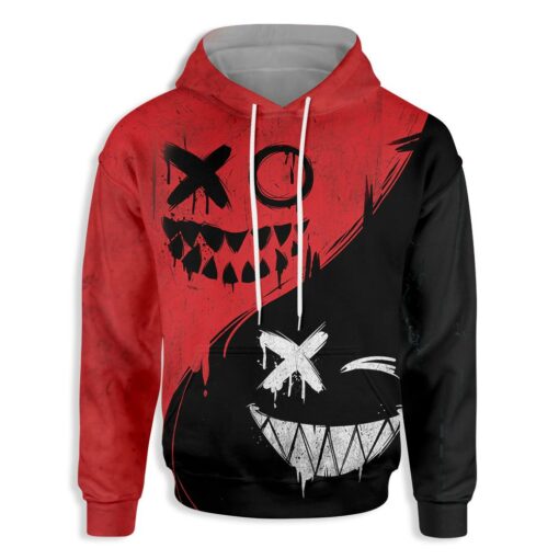 Red And Black Evil Smile All Over Print Hoodie For Men & Women, Halloween Naughty Face Hoodie Gift For Halloween Day