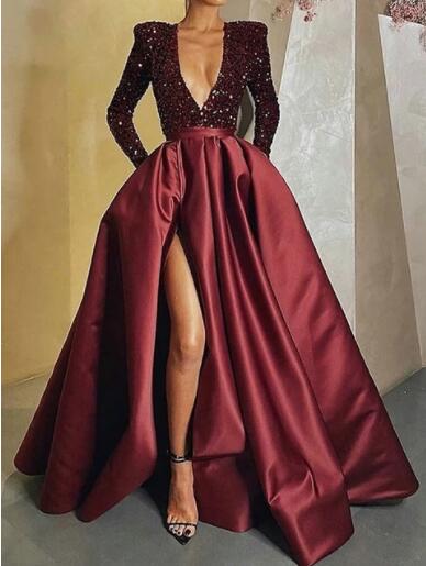 A-Line Sparkle Party Wear Formal Evening Dress V Neck Long Sleeve Floor Length Satin Sequin With Crystals Split 2022 alx