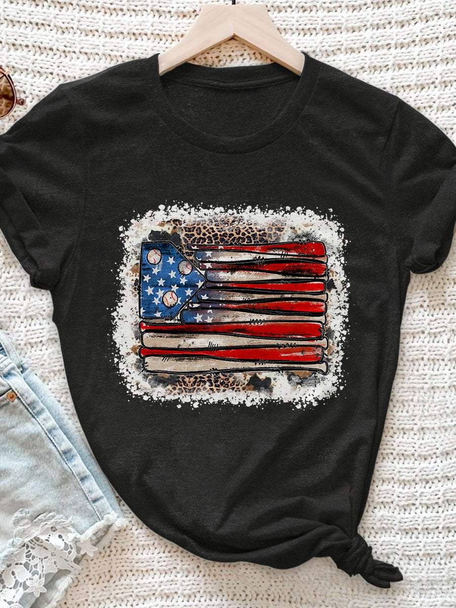 American Flag Baseball Leopard Print Short Sleeve T-Shirt