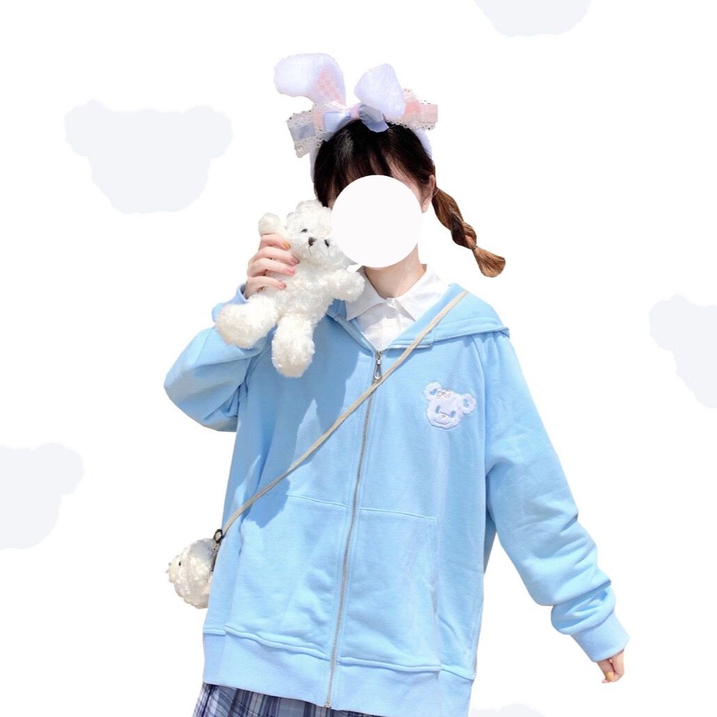 Kawaii Bunny Ears Hoodie Pink Zip Up Sweatshirt Harajuku Funny Bear Embroidery Cute Tops 2021 Korean Fashion Long Sleeve Jacket alx