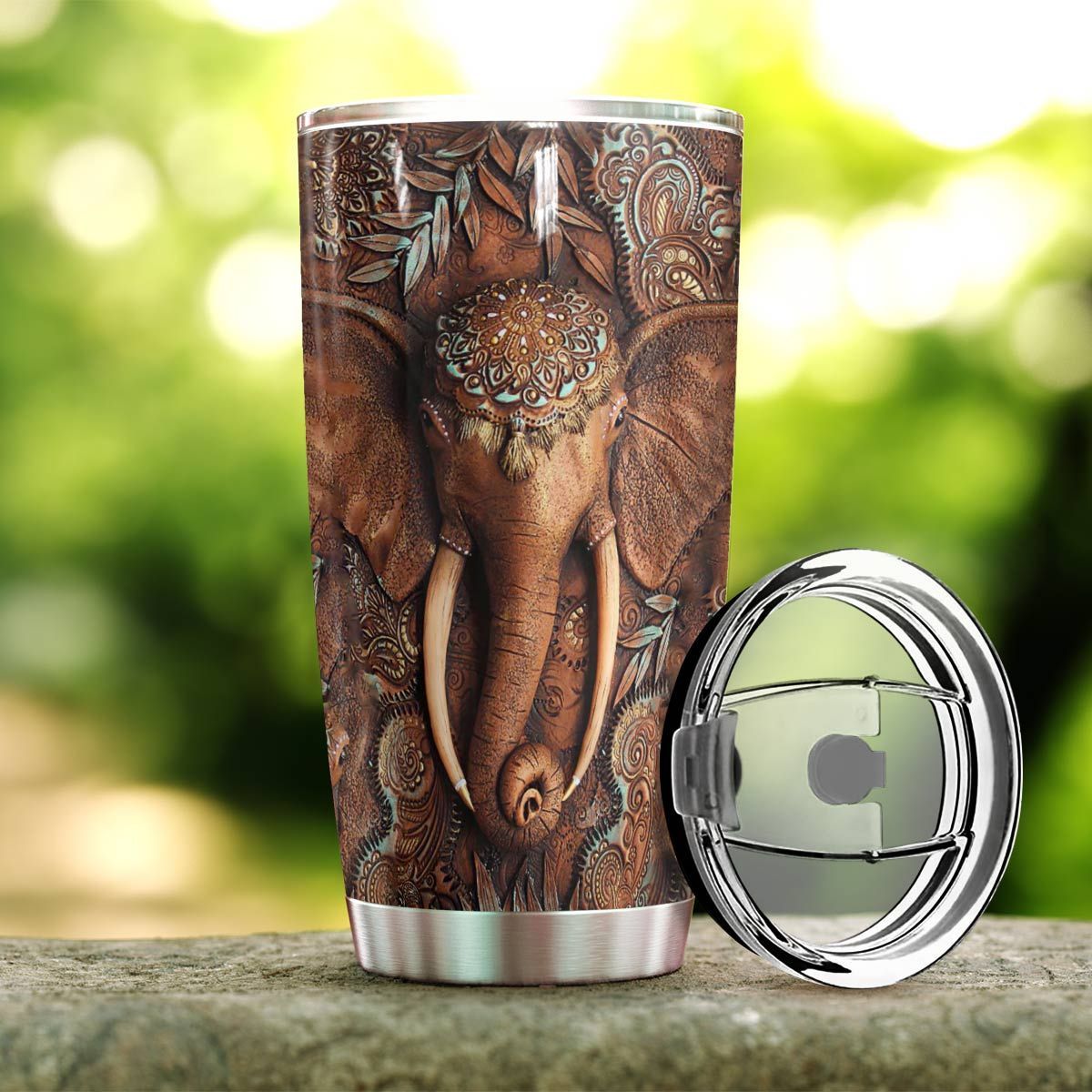 59KKANM-ELEPHANT TUMBLER CARVED WOOD