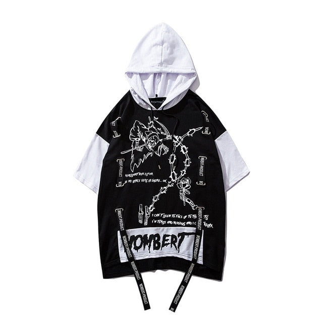 Strappy Printed Hip Hop Streetwear Loose Hooded Tees