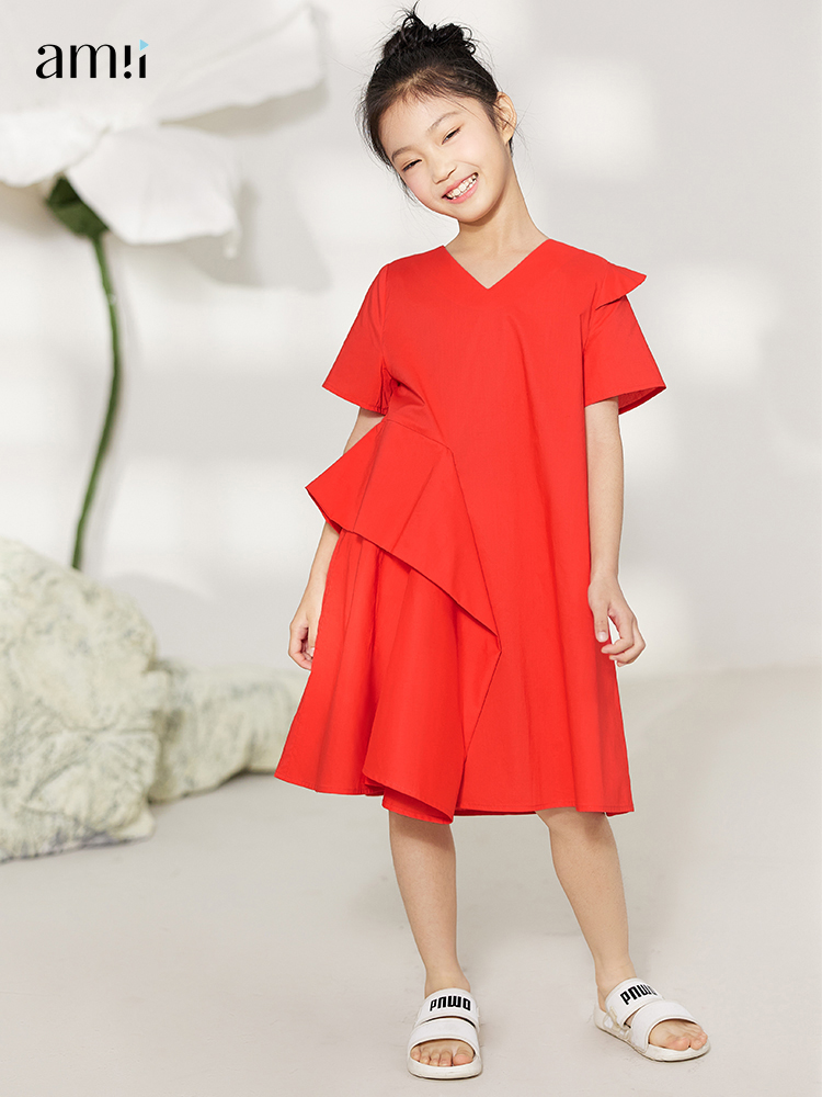 AMII Kids Ball Gown Dress for Girls Summer 2022 New V-neck A-line Dresses Irregular Design Fashion Children Clothing 22270021 alx