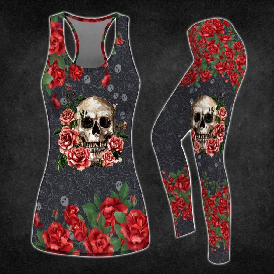 Combo Red Rose Flowers Sugar Skull Gothic Punk Rock Tank Top & Leggings Outfit For Women