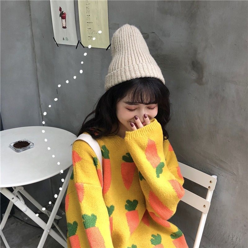 Women Sweaters Carrots Printed Pullovers O-neck Knitted Jumpers Cute Lovely Thicken Students Streetwear Korean Style Slim Soft alx