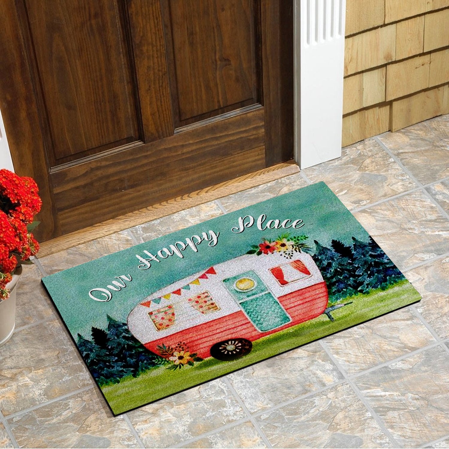 Camping Doormat, Our Happy Place Camping Doormat For Rv, Rv Beautiful Graphic Doormart Chipteeamz – Tnn268