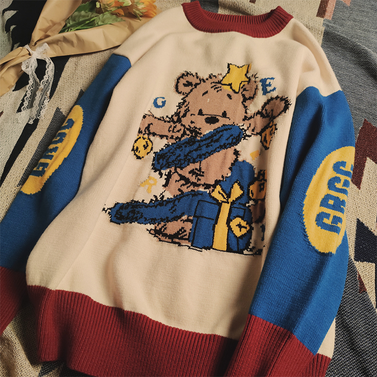 Woman Winter Sweater Cartoon Bear Embroidery Cute Sweet Knit Retro Pullover Warm Casual Tops Oversized Patchwork Harajuku Y2k alx