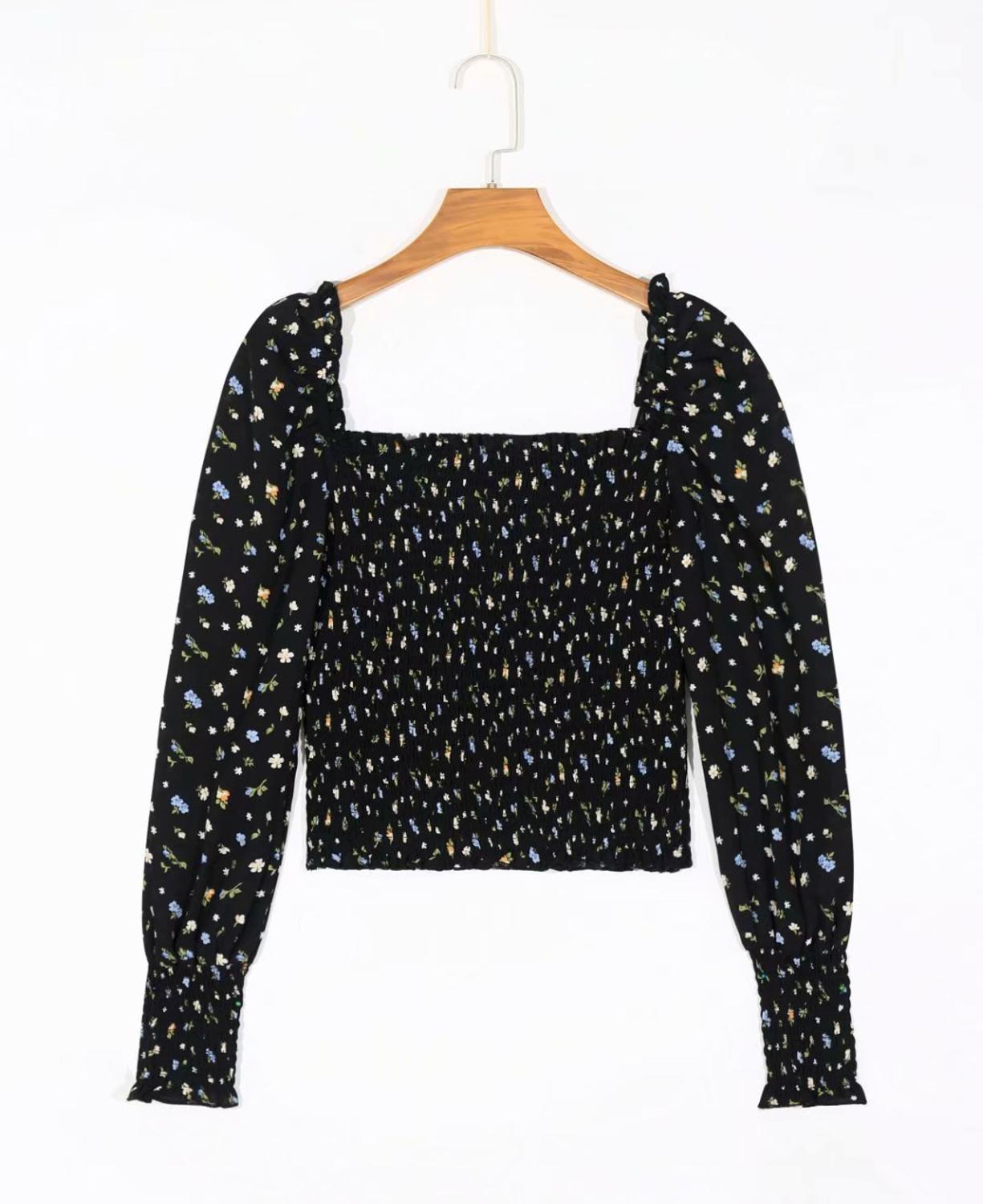 Bazaleas Fashion Elastic Women blouse Elegant square neck blouse Long Sleeve summer tops Floral Print Black Shirt alx