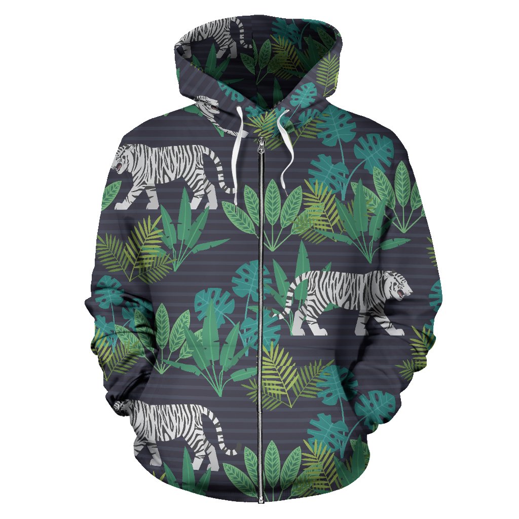 White Bengal Tigers Tropical Plant Zip Up Hoodie