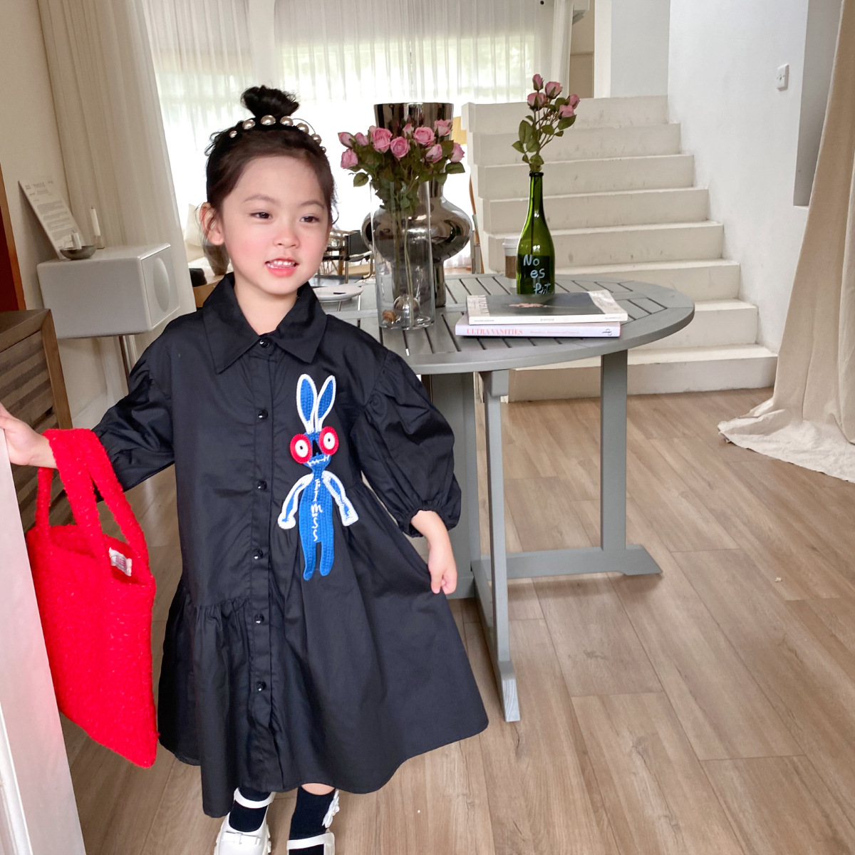 2789B Girl Dress Three-dimensional Rabbit Dress Autumn 2022 New Korean Cotton Baby Girl Dress Bubble Sleeve Fashion Loose Dress alx