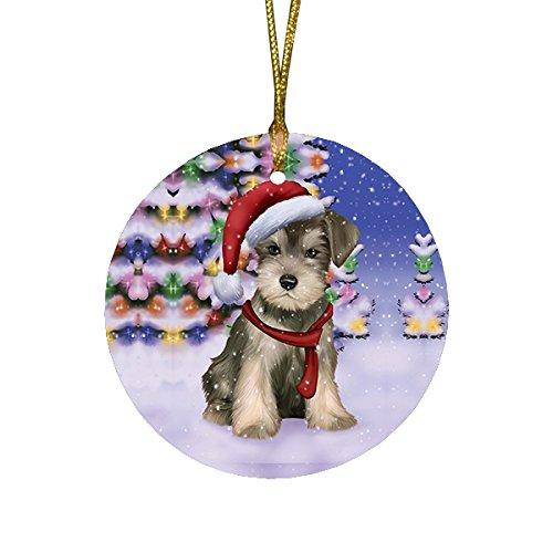 Winterland Wonderland Schnauzers Puppy Dog In Christmas Holiday Scenic Background Round Ornament