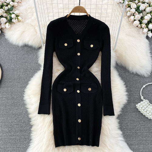 Casual Fashion Women Party Vintage Office Ladies Streetwear V Neck French Clothing All Match Girl Long Sleeve Midi Elegant Dress alx