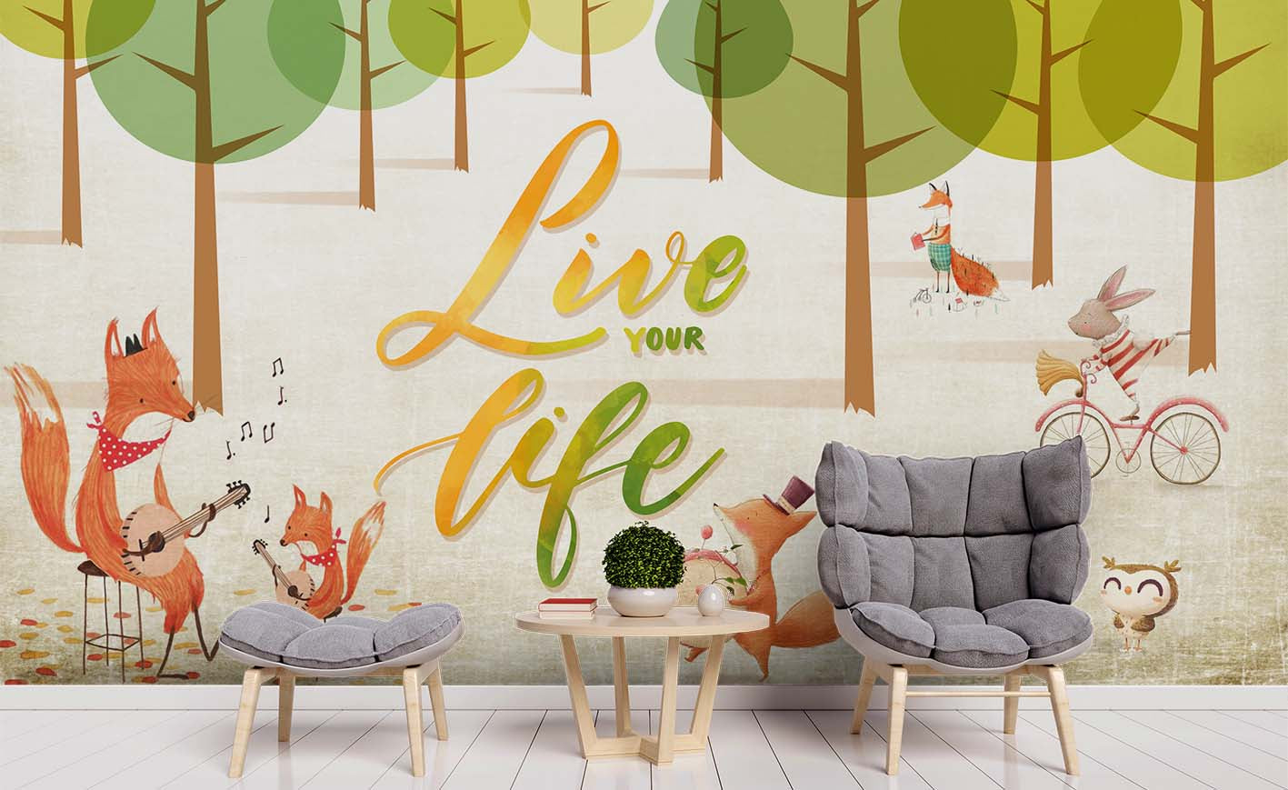 3D Fox Rabbit Trees Wall Mural Wallpaper Sf66