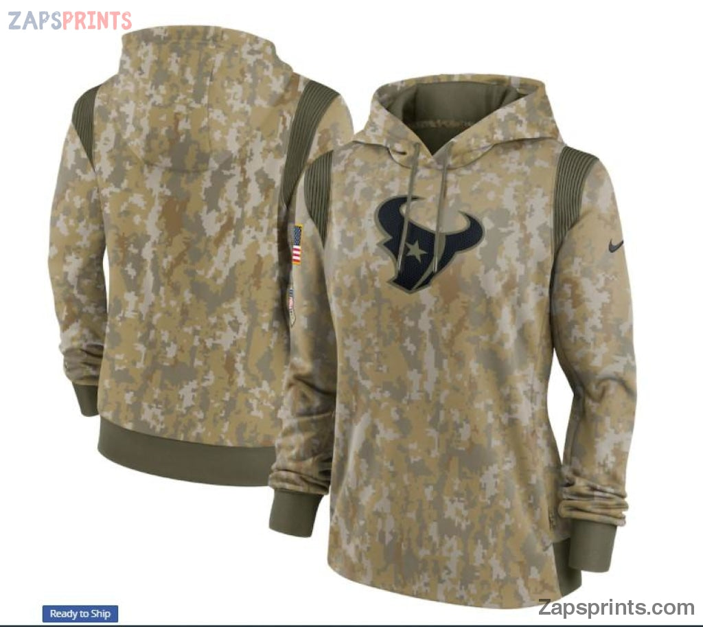 Women Olive Houston Texans 2021 Salute To Service Therma Performance Pullover Hoodie