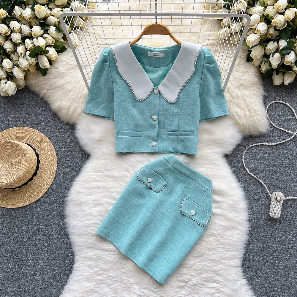 2022 Summer Casual Small Fragrance Suit Female Retro Doll Collar Cardigan Short Top + High Waist Skirt Fashion Two-piece Set alx