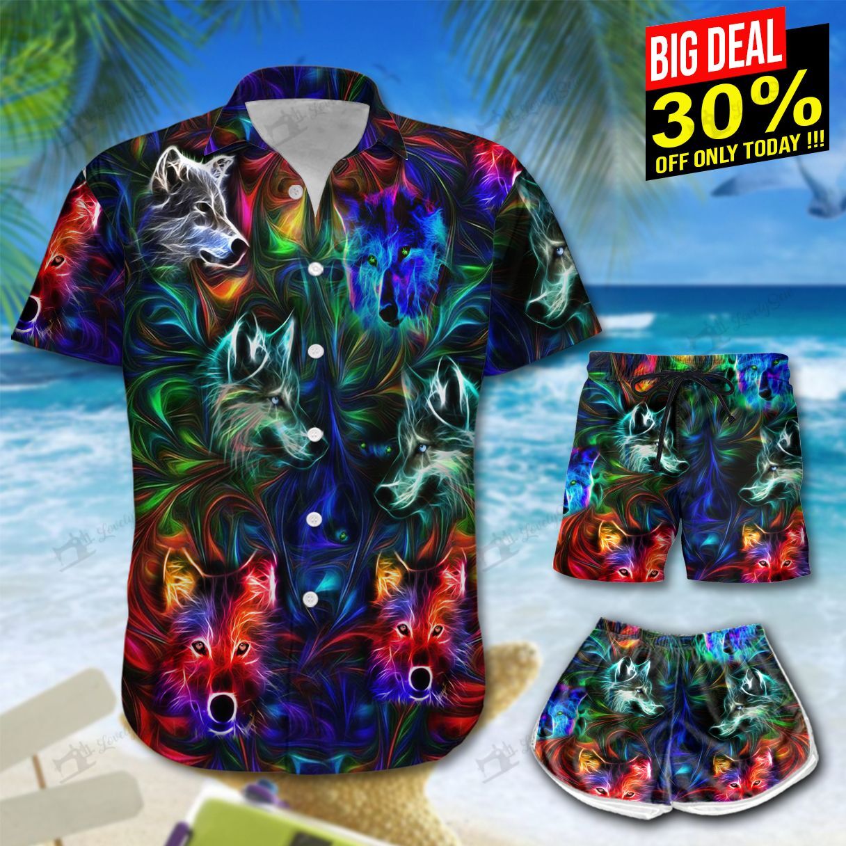 Wolf Neon Hawaiian Shirt Shorts Ha94711