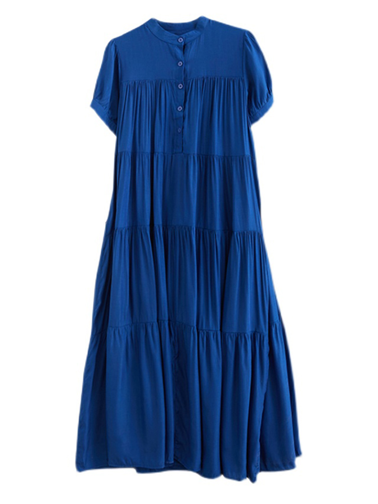 Blue Vintage Pleated Long Shirt Dresses For Women Korean Short Sleeve Loose Casual Summer Dress Fashion Elegant Clothing 2022 alx