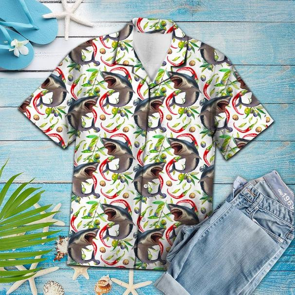 Hot Chili Peppers And Shark Tropical Hawaii Shirt 131 Aloha Shirts Ha1468