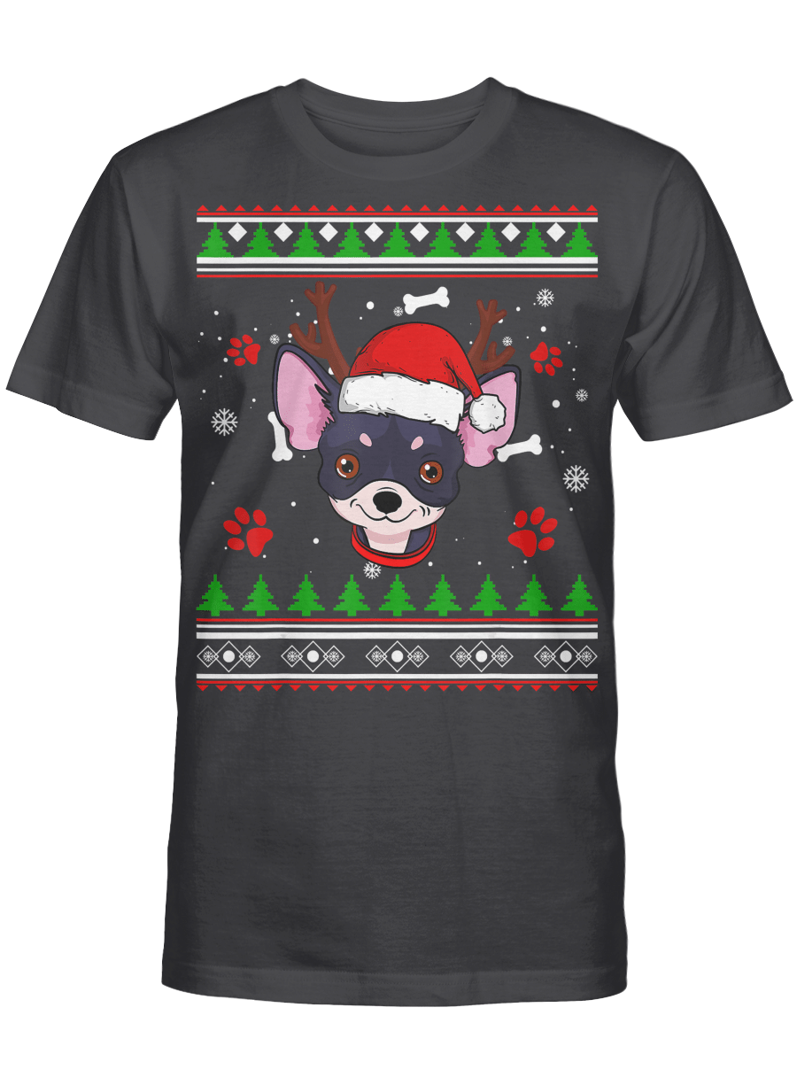 AmazeStyleZ Santa’s Reindeer, Ugly Christmas Sweater, Christmas Gift Ideas, Christmas TreeChihuahua Ugly Christmas Reindeer Hat Santa Xmas Love Dog T-Shirt