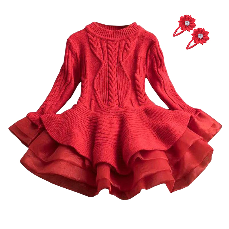 2022 New Fashion Solid Color Knitted Dress for Girls Christmas Red Long Sleeve Ruffle Clothing Vestidos Knitting Sweater Dresses alx