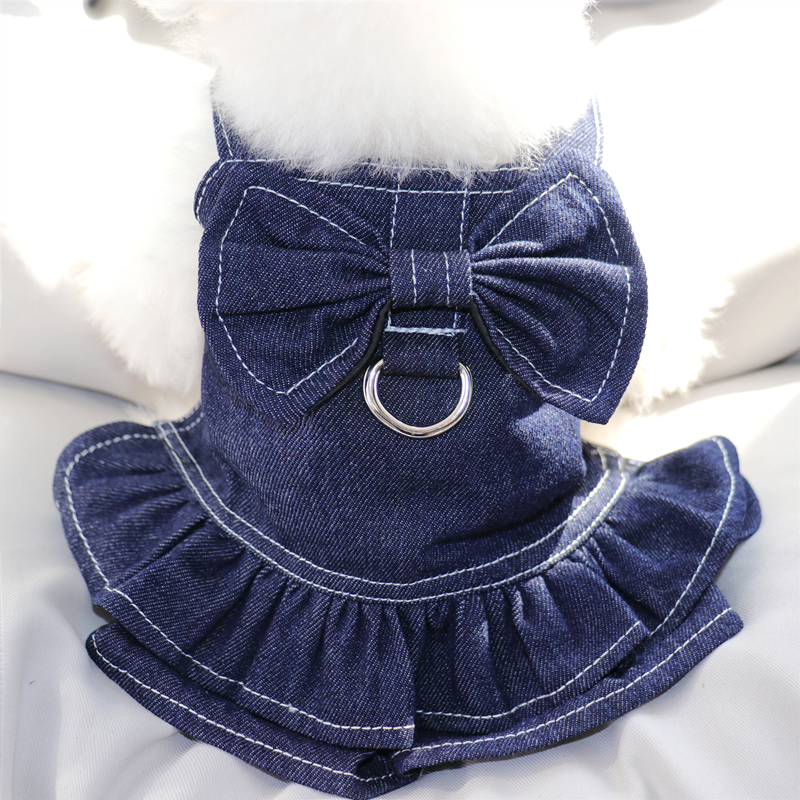 Puppy Couple Wear Denim Clothes Summer Dog Clothes Bichon Cat Dress Pomeranian Solid Color Skirt Pet Cardigan alx