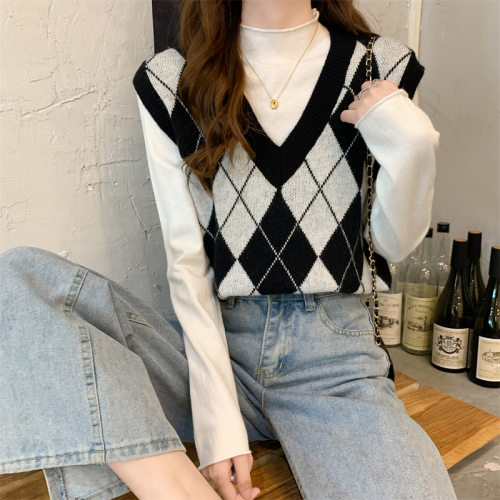 Argyle Sweater Vests Women Sweet Retro Sleeveless Chic Casual Fashion Streetwear Females V-neck Knit Sweaters All-match Classic alx