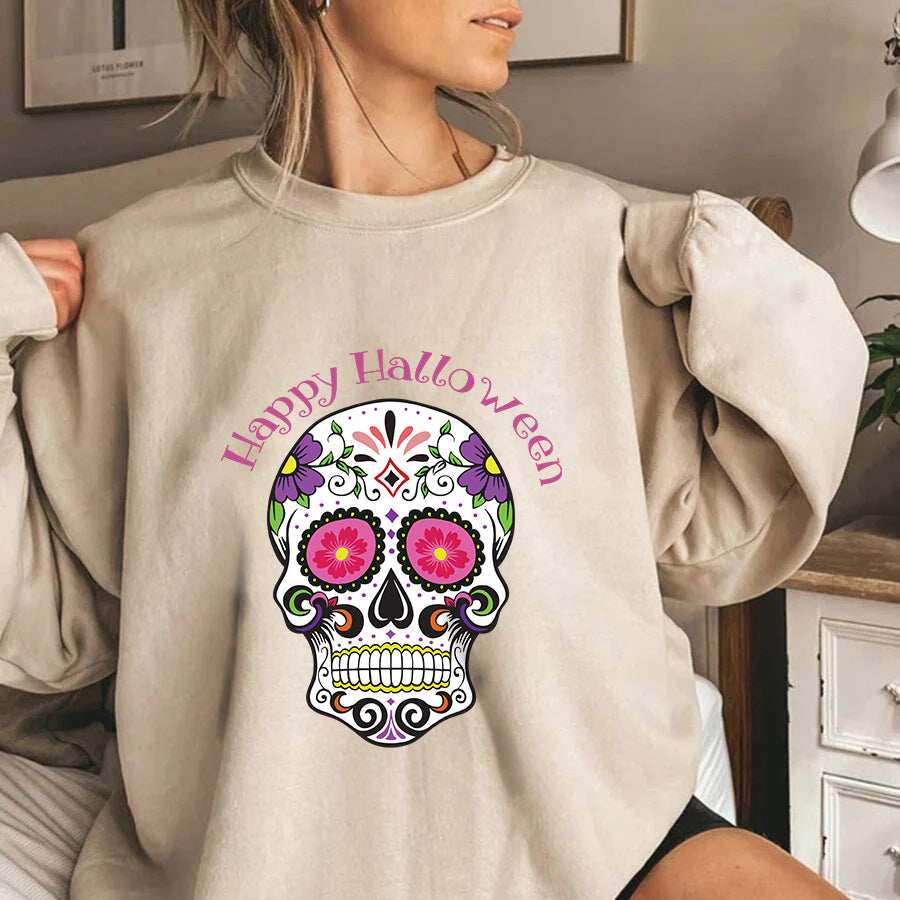 Happy Halloween Sweatshirt, Sugar Skull Sweatshirt, Halloween Shirt For Her, Him, Family Halloween Sweatshirt Donuink Store