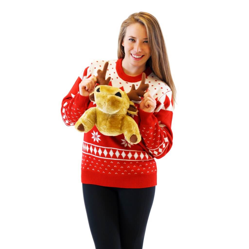 Women’S Red 3-D Ugly Christmas Sweater With Stuffed Moose