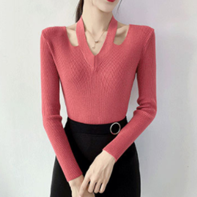 Autumn V-neck Halter Neck Sweater Slim Solid Color Knitted Pullover Casual Fashion Tops Elegant Bottoming Women’s Clothing 22751 alx