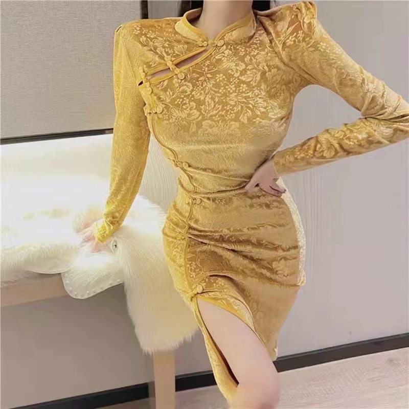 Spring Autumn New Women Cheongsam Long Old Shanghai Dress Ladies Temperament Vintage Chinese Style Embossed Velvet Dress alx