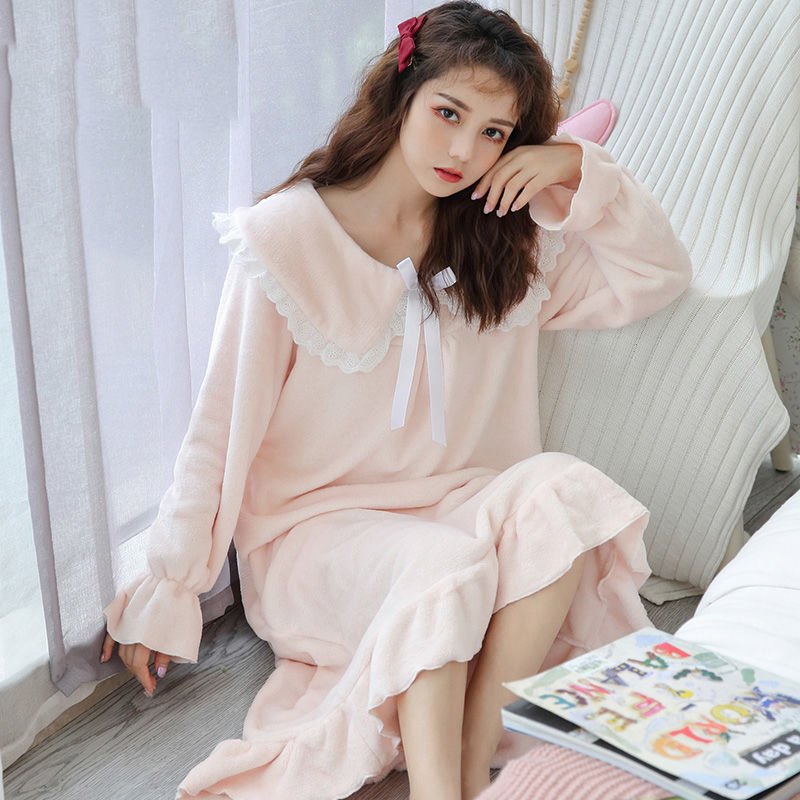 Rabbit Hooded Winter Flannel Nightgowns Women Simple Sweet Cute Warm Sleepwear Female Thick Plus Velvet Nightwear Mid-calf Soft alx