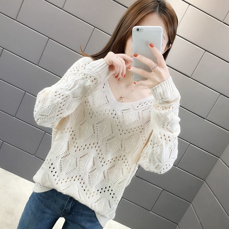 Spring And Autumn New Hollow Out Sweater Women’s Round Neck Sexy Fashion Solid Color Loose Cover Meat Lady Knitting Top alx