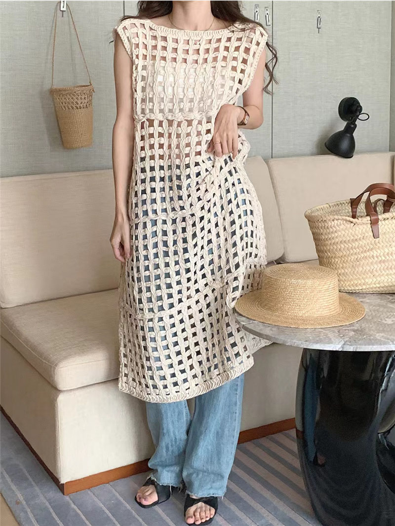 Apricot Cutout Midi Dress Women Korean Chic Summer Hollow Hole Woven Dress Sleeveless Casual Loose Round Neck Streetwear N774 alx