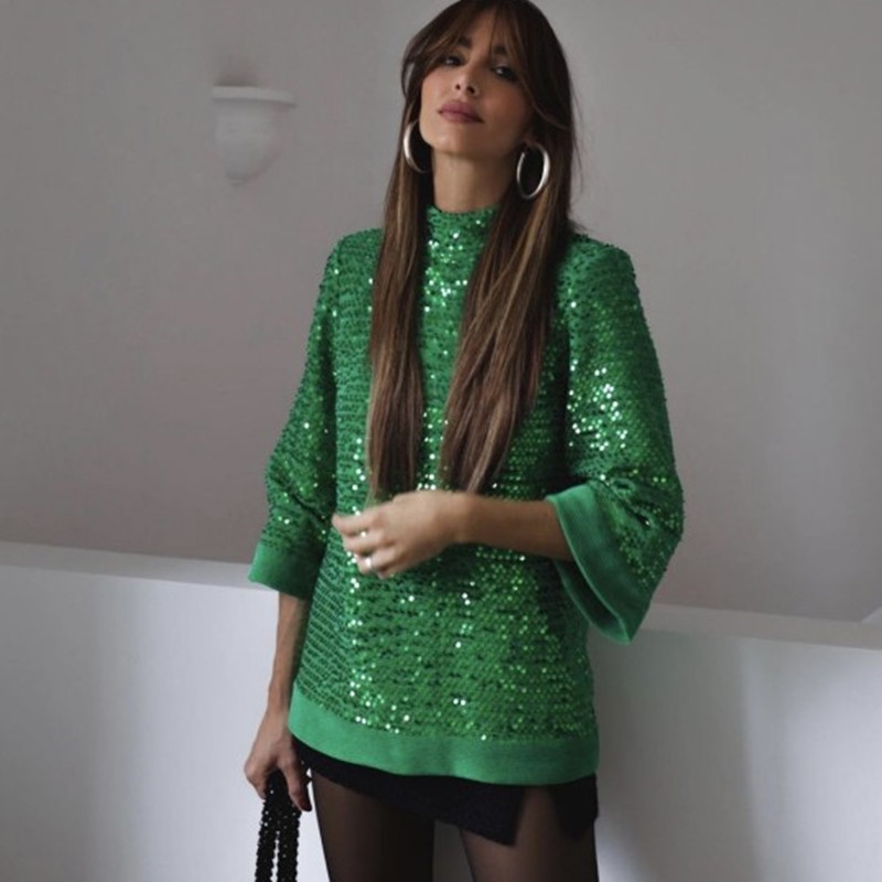 Women Vintage Green Sequins Blouse Shirts Female Fashion Spring Casual Elegant Chic Long Sleeve O Neck Club Party Top Shirts alx