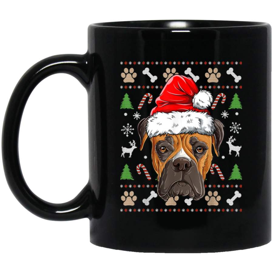 Boxer Ugly Christmas Dog Santa Hat Xmas Boys Kids Girls Gift 11 oz 15 oz Mug Black