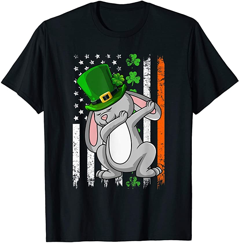 Dabbing Bunny Leprechaun Hat American Flag St Patrick’s Day T-Shirt