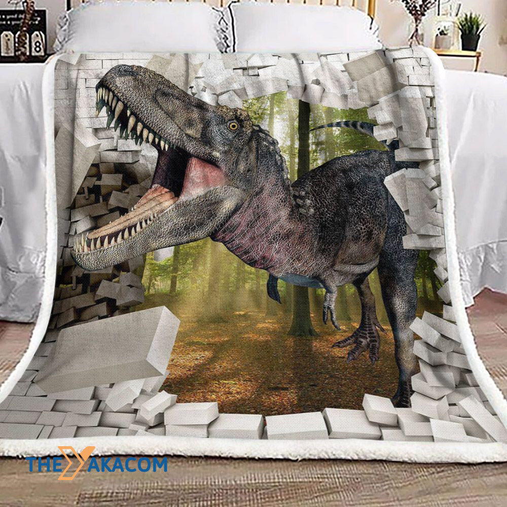 3D Dinosaur In The Forest Breaking Brick Wall Fleece Sherpa Throw Blanket