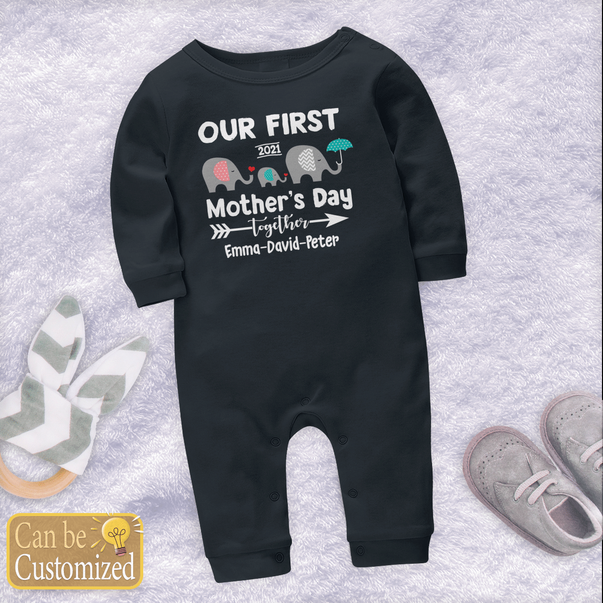 Personalized Our First Mother’s Day Together Elephant BL Long Sleeve Baby One Piece