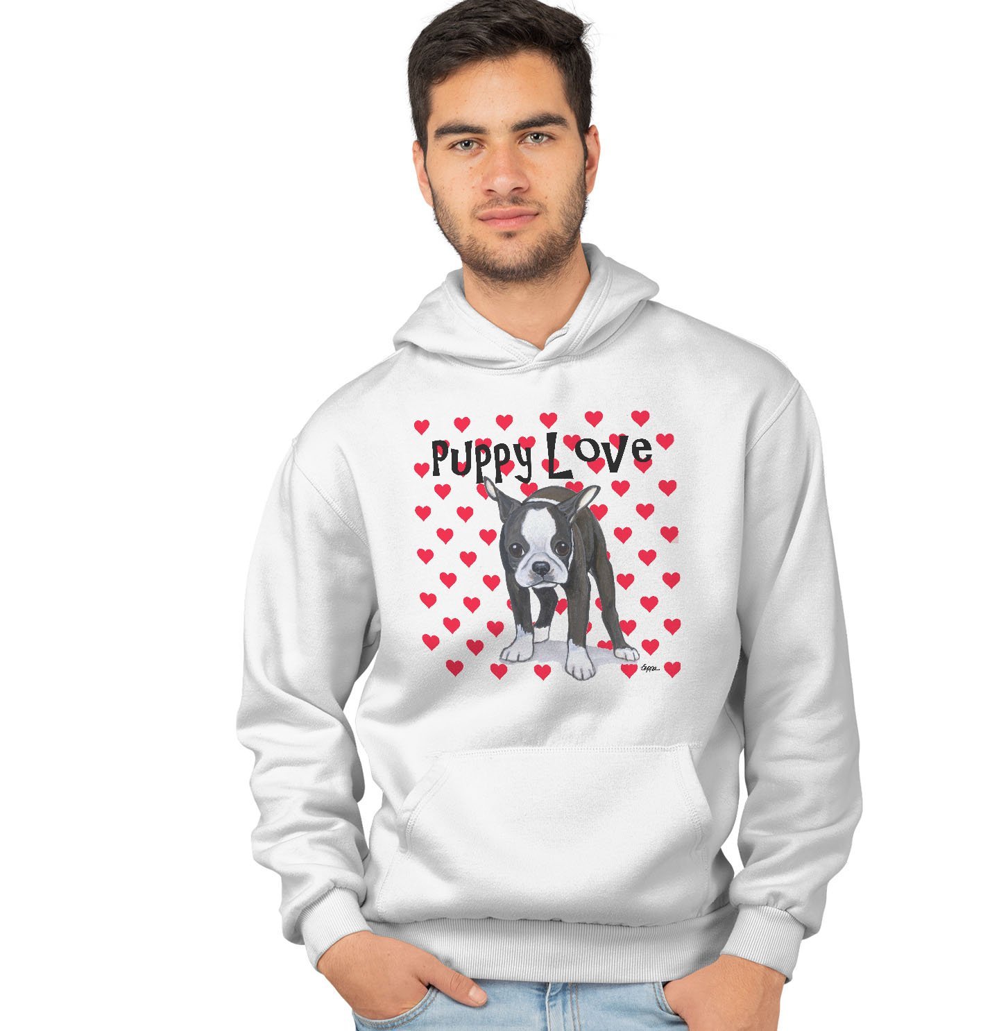 Boston Terrier Puppy Love – Adult Unisex Hoodie Sweatshirt