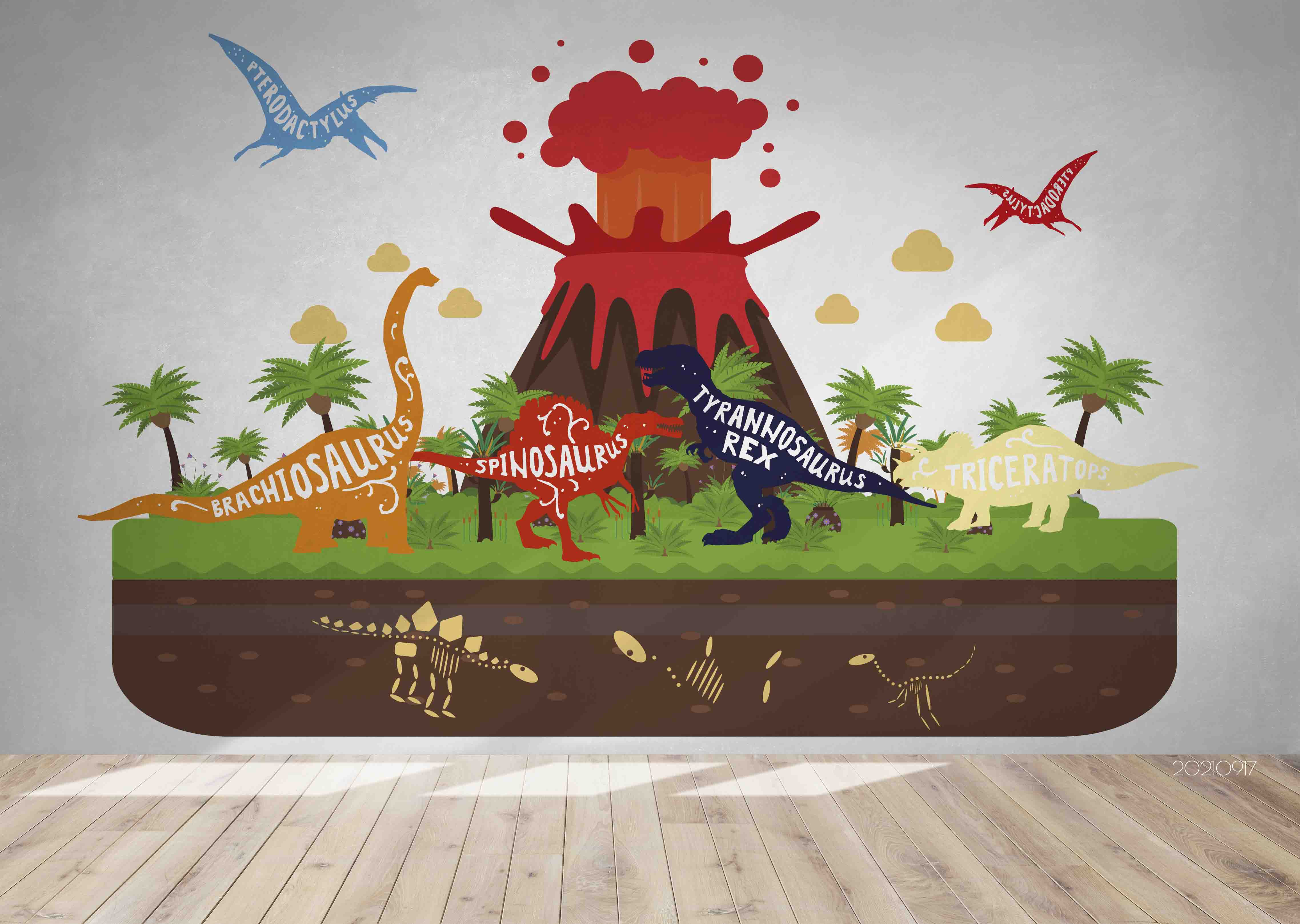 3D Cartoon Volcano Animal Dinosaur Wall Mural Wallpaper Lqh 106