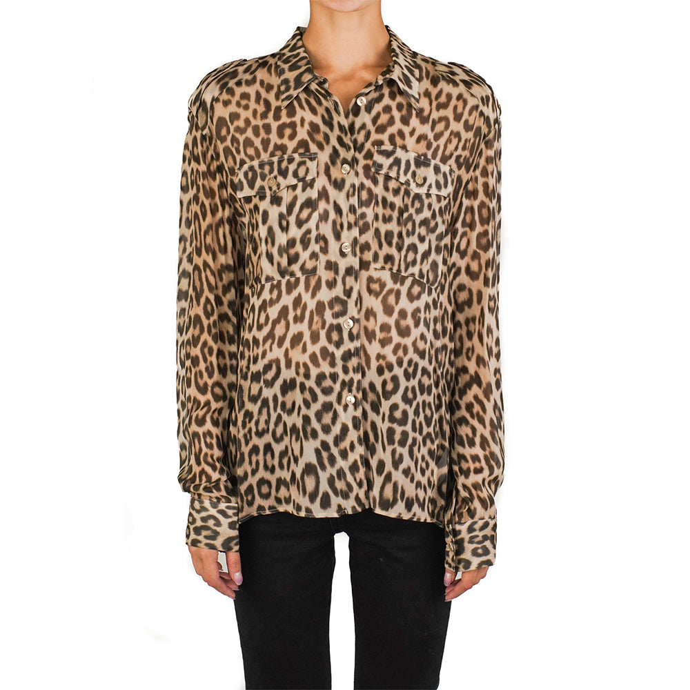 Twinset Women’S Leopard Long Sleeve Dress Shirt Brown