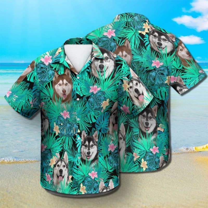 Husky Hawaiian Shirt, Dog Summer Leaves Hawaiian Shirt, Unisex Print Aloha Short Sleeve Casual Shirt