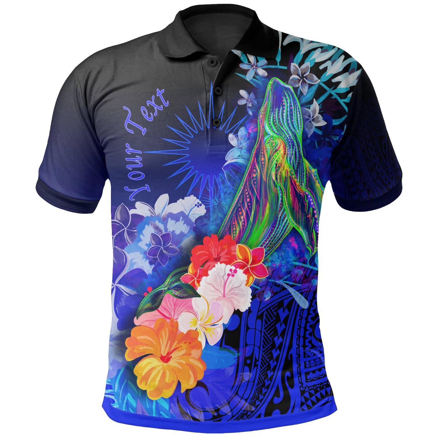 Marshall Islands Custom Personalised Polo Shirt – Humpback Whale with Tropical Flowers (Blue)- BN18