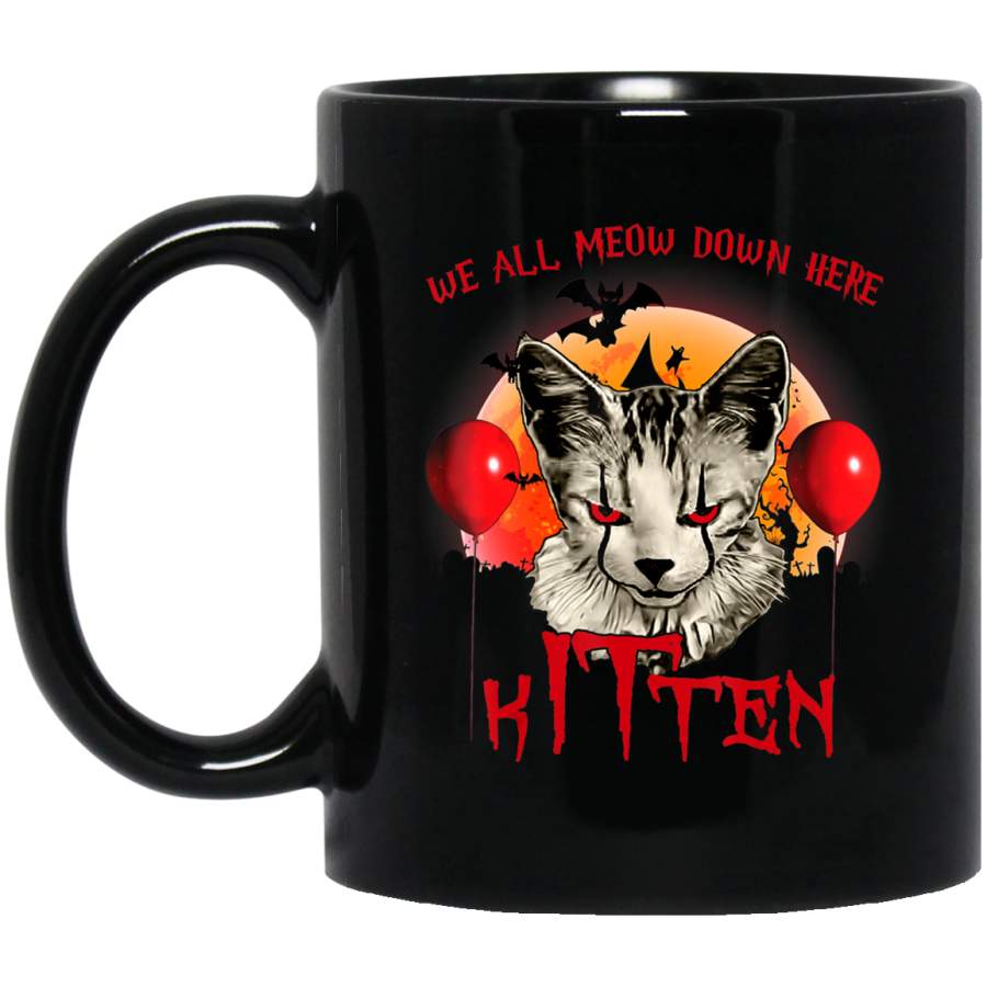 We All Meow Down Here Clown Cat Kitten Halloween Coffee Mug