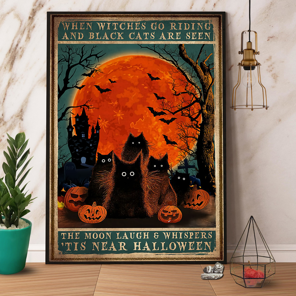 Witch & Black Cat When Witches Go Riding Halloween Poster No Frame Matte Canvas, Wall Decor Visual Art