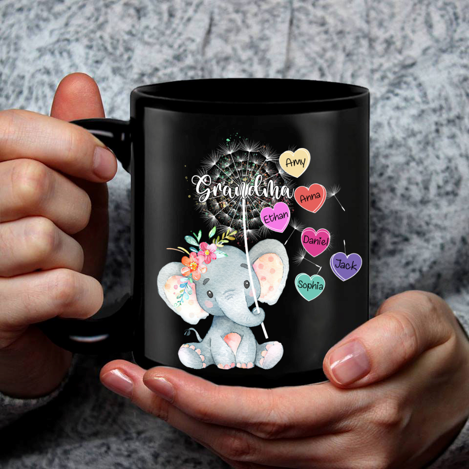 Personalized Grandma Elephant Cute With Grandkids Heart Mug