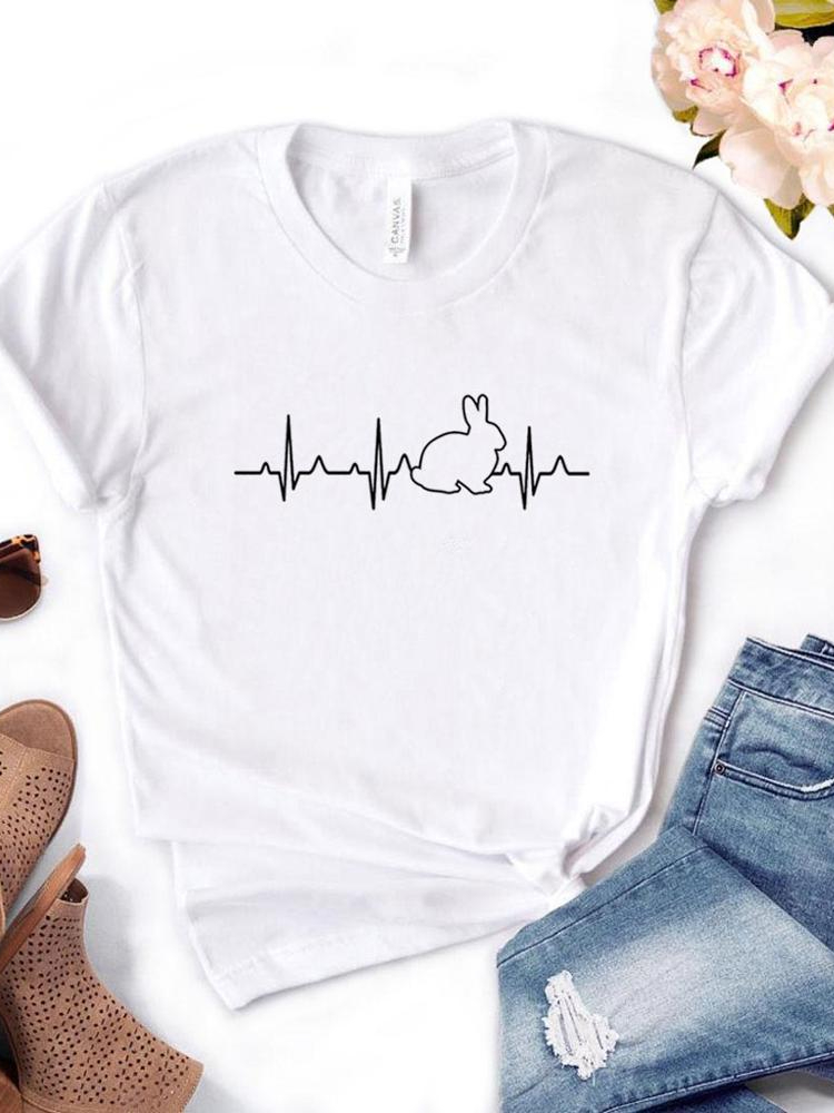 Women T Shirt Bunny Rabbit Heartbeat Print Tshirt Women Short Sleeve O Neck Loose T-shirt Ladies Causal Tee Shirt Tops Clothes alx