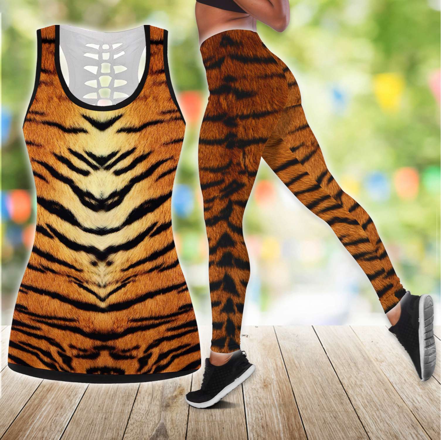 Tiger Costume Animal Cosplay Halloween Legging And Hollow Out Tank Top Set Outfit For Women | Adult | Lgs5065