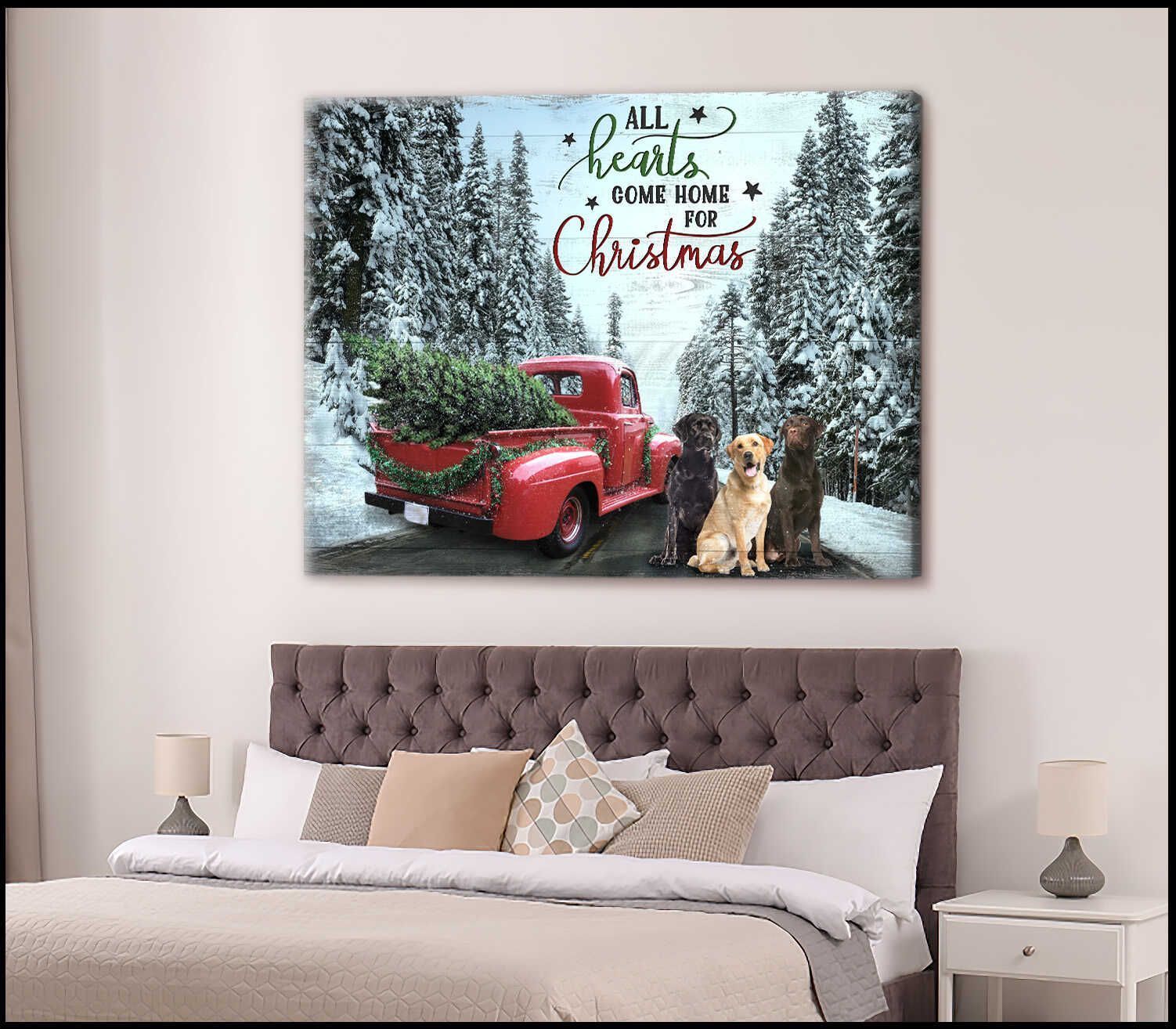 Canvas Wall Decor Christmas Gifts Red Truck And Labrador Retriever All Hearts Come Home For Christmas Gift For Family, Wall Art Decor, Canvas Print, Home Decor